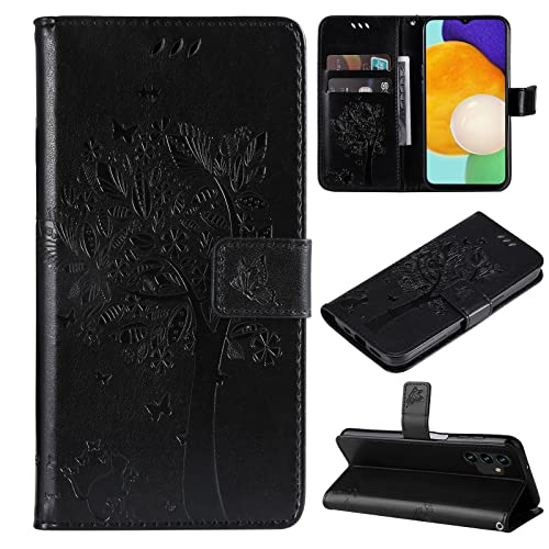 Fatcatparadise Kompatibel mit Samsung Galaxy A04S /A13 5G Hülle, Handyhülle Samsung A04S /A13 5G, Prägung Muster Schutzhülle PU Leder Wallet Case Klappbar Flip Hülle Brieftasche Ledertasche (Schwarz) von Fatcatparadise