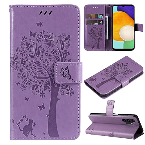 Fatcatparadise Kompatibel mit Samsung Galaxy A13 4G Hülle, Handyhülle Samsung A13 4G, Prägung Muster Schutzhülle PU Leder Wallet Case Klappbar Flip Hülle Brieftasche Ledertasche (Lavendel) von Fatcatparadise