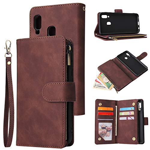 Fatcatparadise Kompatibel mit Samsung Galaxy A20E Hülle + Displayschutz, Flip Wallet Case mit Sechs Kartenhalter und Magnetverschluss Halterung PU Leder Hülle handyhülle (Braun) von Fatcatparadise