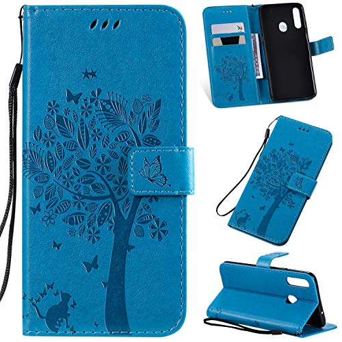 Fatcatparadise Kompatibel mit Samsung Galaxy A20S Hülle, Handyhülle Samsung A20S, Prägung Muster Schutzhülle Galaxy A20S PU Leder Wallet Case Klappbar Flip Hülle Brieftasche Ledertasche (Blau) von Fatcatparadise