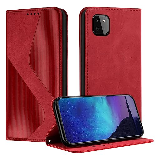 Fatcatparadise Kompatibel mit Samsung Galaxy A22 5G Hülle, Handyhülle für Samsung A22 5G, PU Leder Flip Klappbare Wallet Magnet Case Handytasche Klapphülle Schutzhülle für Samsung A22 5G Hülle (Rot) von Fatcatparadise