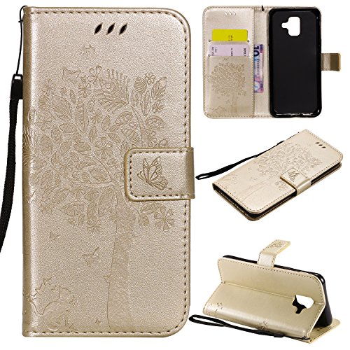 Fatcatparadise Kompatibel mit Samsung Galaxy A6 2018 Hülle, Handyhülle Samsung A6 2018, Prägung Muster Schutzhülle PU Leder Wallet Case Klappbar Flip Hülle Brieftasche Ledertasche (Gold) von Fatcatparadise