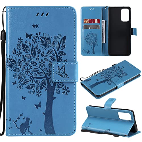 Fatcatparadise Kompatibel mit Samsung Galaxy A82 5G Hülle, Handyhülle Samsung A82 5G, Prägung Muster Schutzhülle PU Leder Wallet Case Klappbar Flip Hülle Brieftasche Ledertasche (Blau) von Fatcatparadise