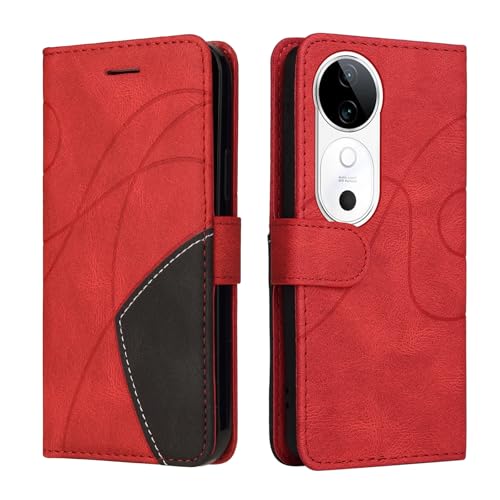 Fatcatparadise Kompatibel mit VIVO V40 5G,Leder PU Brieftasche Handyhülle Flip Case Silikon Bumper Schutzhülle Klapphülle.Lederhülle mit Kartenfächern/Standfunktion(Rot) von Fatcatparadise