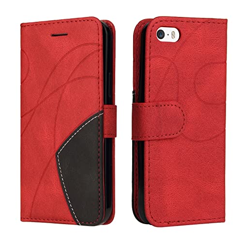 Fatcatparadise Kompatibel mit iPhone 5/5S/SE 2016 (4,0 Zoll) Hülle, Leder PU Brieftasche Handyhülle Flip Case Bumper Schutzhülle Klapphülle.Lederhülle mit Kartenfächern und Standfunktion (Rot) von Fatcatparadise