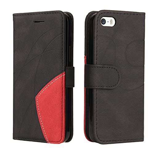 Fatcatparadise Kompatibel mit iPhone 5/5S/SE 2016 (4,0 Zoll) Hülle, Leder PU Brieftasche Handyhülle Flip Case Bumper Schutzhülle Klapphülle.Lederhülle mit Kartenfächern und Standfunktion (Schwarz) von Fatcatparadise