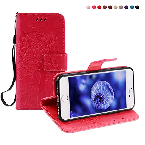 Fatcatparadise Kompatibel mit iPhone 8/7 (4,7 Zoll) Hülle + Displayschutz, Prägung Muster Schutzhülle PU Leder Handyhülle Wallet Case Flip Hülle Brieftasche Ledertasche (Rose) von Fatcatparadise