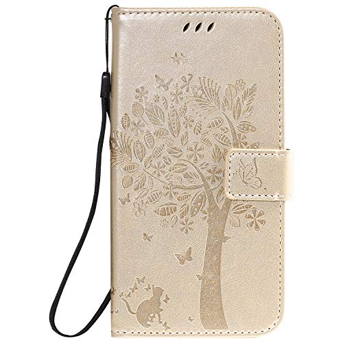 Fatcatparadise Kompatibel mit iPhone 8/7 Plus (5,5 Zoll) Hülle + Displayschutz, Prägung Muster Schutzhülle PU Leder Handyhülle Wallet Case Flip Hülle Brieftasche Ledertasche (Gold) von Fatcatparadise