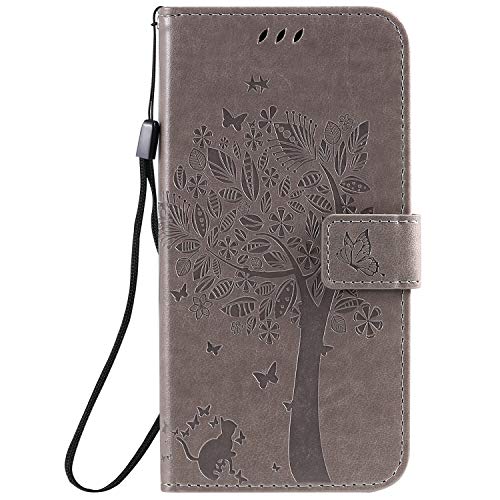 Fatcatparadise Kompatibel mit iPhone 8/7 Plus (5,5 Zoll) Hülle + Displayschutz, Prägung Muster Schutzhülle PU Leder Handyhülle Wallet Case Flip Hülle Brieftasche Ledertasche (Grau) von Fatcatparadise