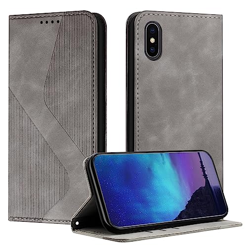 Fatcatparadise Kompatibel mit iPhone XS/X Hülle, Handyhülle für iPhone XS/X (5,8 Zoll) Hülle PU Leder Flip Klappbare Wallet Magnet Case Handytasche Klapphülle Schutzhülle Tasche Hülle Holster (Grau) von Fatcatparadise