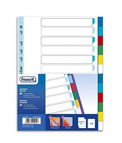 Favorit Universal-Register für Ringordner mit 12 neutralen farbigen Indexen aus Polypropylen (ungiftiger Kunststoff) Formato Interno A4 von Favorit