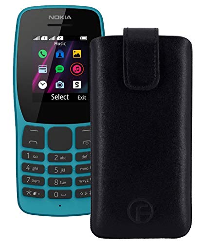 Favory Tasche Etui kompatibel mit Nokia 110 Hülle aus echtes Leder Schutzhülle (Lasche mit Rückzugfunktion) in schwarz von Favory
