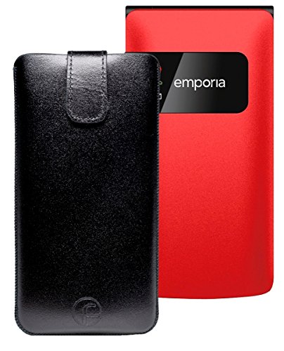 Favory Tasche Leder Etui / Emporia F220 Großtastenhandy / ECHT Ledertasche Hülle Schutzhülle (Lasche mit Rückzugfunktion) schwarz von Favory