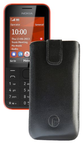 Original Favory Etui Tasche für / Nokia 208 / Leder Etui Handytasche Ledertasche Schutzhülle Case Hülle Lasche mit Rückzugfunktion in schwarz von Favory