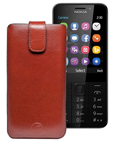 Original Favory Etui Tasche für Nokia 150 | Nokia 150 Dual-SIM Leder Etui Handytasche Ledertasche Schutzhülle Case Hülle Lasche mit Rückzugfunktion* in Braun von Favory