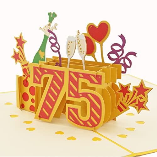 Favour Pop Up® - 3D Glückwunschkarte zum runden 75. Geburtstag mit Cover in Goldfarbe, ideal auch für Geldgeschenk oder Gutschein. TG075 von Favour Pop Up