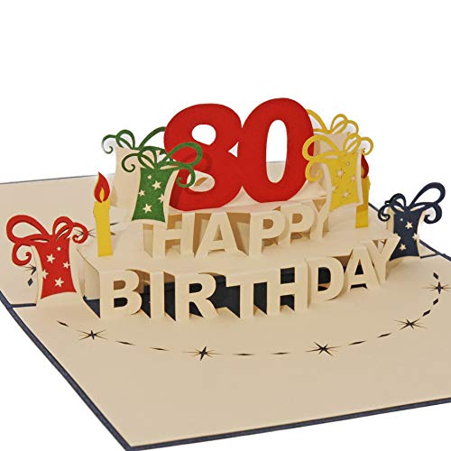 Favour Pop Up Glückwunschkarte zum runden 80. Geburtstag. Ein filigranes Kunstwerk, das sich beim Öffnen als Geburtstagstorte entfaltet. ATA80B von Favour Pop Up