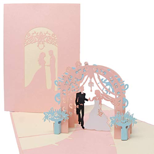 Favour Pop Up® - 3D Glückwunschkarte zur Hochzeit mit romantischem Cover. Innen ein beschwingtes Hochzeitspaar unter Rosenbögen. Format 13x18cm TW045 von Favour Pop Up