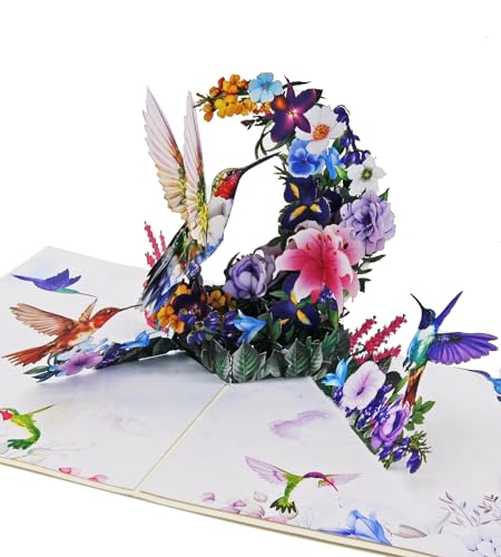 Favour Pop Up® - ein prachtvolles Blumebouquet mit bunten Kolibris in 3D, zum Geburtstag, zum Jubiläum, auch für Geldgeschenk oder Gutschein. XP933 von Favour Pop Up