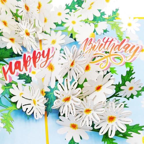 Favour Pop Up® - eine wunderschöne 3D Karte mit Gänseblümchen und stilvoll integriertem Happy Birthday, auch für Geldgeschenk oder Gutschein. XPH913 von Favour Pop Up
