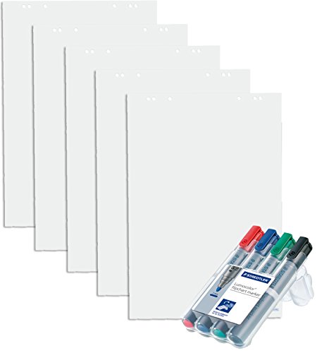 5x Flipchartblöcke, blanko, je Block 20 Blatt 69x99 cm, 6 fach Lochung, perforiert + 4er Marker Set von Faxland