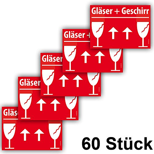 60x VORSICHT GLAS Umzugetiketten, A6 15x10cm, Aufkleber Rot, Sicherheitsetikett als Warnhinweis selbstklebend, 60 Stück von Faxland