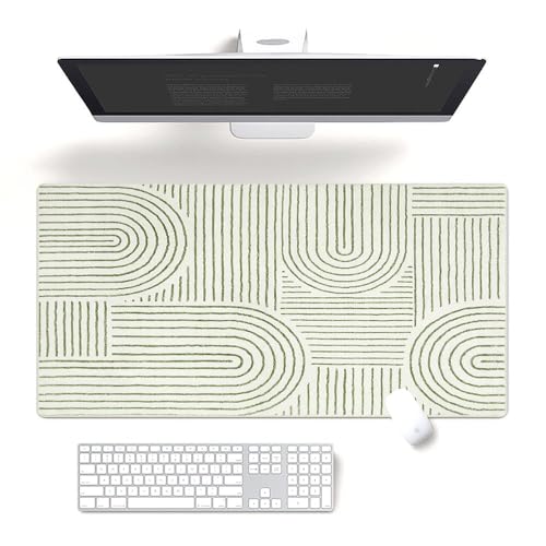 Fchen art Bohemian Minimalistische grau-beige Schreibtischunterlage mit grüner Linie, Bogenbrücken-Design, 40 x 80 cm, rutschfestes Mauspad und Tastaturmatte, flecken- und staubabweisend, genähte von Fchen art