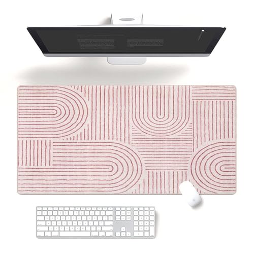 Fchen art Bohemian Minimalistische grau-beige Schreibtischunterlage mit rosa Linie, Bogenbrücken-Design, 40 x 80 cm, rutschfestes Mauspad und Tastaturmatte, flecken- und staubabweisend, genähte Kanten von Fchen art