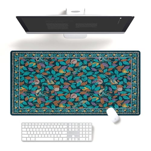 Fchen art Botanische Schreibtischunterlage mit grünen Pflanzen und blauen Blättern für ein frisches, ruhiges Gefühl, 40 x 80 cm, rutschfeste, langlebige Computerunterlage, genähter Rand von Fchen art