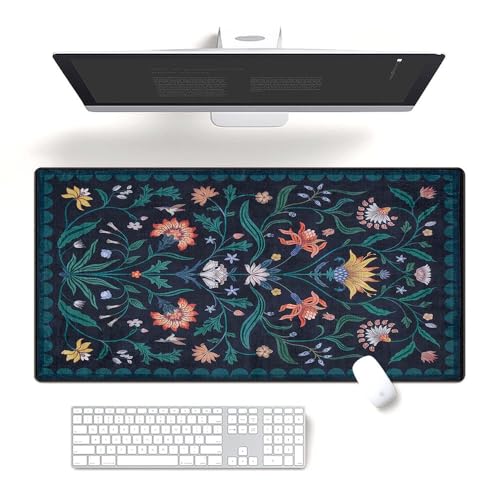 Fchen art Dunkelblaues Mauspad und Tastaturmatte mit violettem Blumendesign, 40 x 80 cm, rutschfeste, langlebige, schmutzabweisende Oberfläche, genähter Rand für Büro/Heimarbeitsplatz von Fchen art