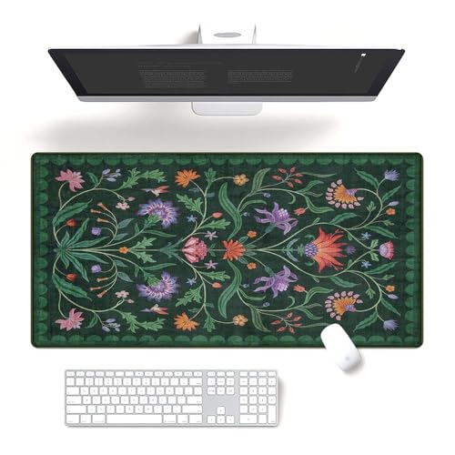 Fchen art Mauspad und Tastaturmatte mit violettem Blumenmuster, 40 x 80 cm, rutschfeste, langlebige, schmutzabweisende Oberfläche, genähter Rand für Büro/Heimarbeitsplatz, Dunkelgrün von Fchen art
