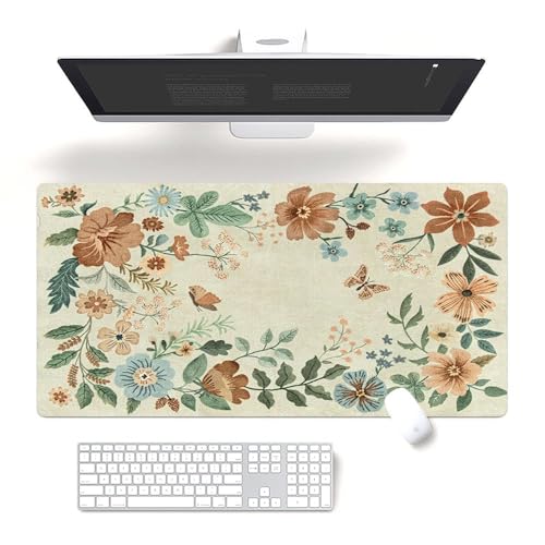 Fchen art Mauspad und Tastaturunterlage mit Blumenwiese, Wildblumen und Schmetterling, 40 x 80 cm, beige, schmutzabweisend, langlebig, Schreibtischunterlage mit genähten Kanten, Frühlingssommer von Fchen art