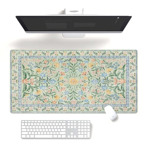 Fchen art Mauspad und Tastaturunterlage mit Wildblumenwiese, 40 x 80 cm, Beige-Grün, schmutzabweisend, Schreibtischunterlage mit genähten Kanten, Frühling-Sommer-Natur-Design, langlebiges Bürozubehör von Fchen art