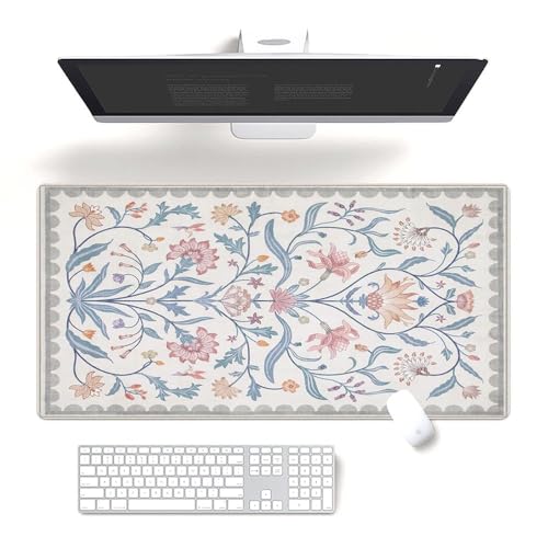 Fchen art Schreibtischunterlage mit Blumenmuster, 40 x 80 cm, rutschfest, langlebig, Mauspad/Tastaturmatte, genähter Rand, schmutzabweisende Oberfläche für Büro/Arbeitsbereich zu Hause, Weiß und Rosa von Fchen art