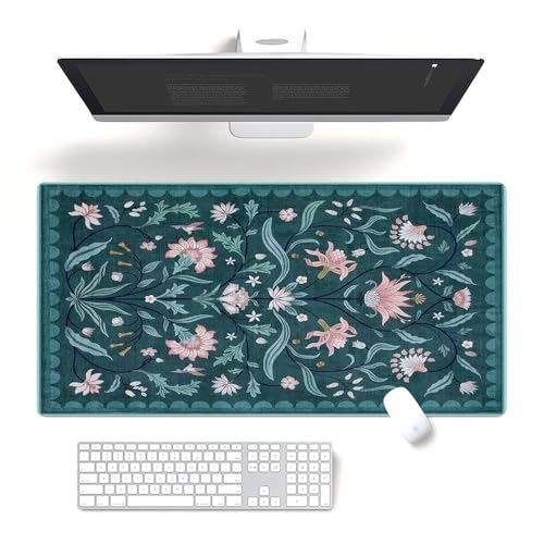 Fchen art Schreibtischunterlage mit Blumenmuster in Blaugrün und Rosa, 40 x 80 cm, rutschfestes, langlebiges Mauspad/Tastaturmatte, genähter Rand, schmutzabweisende Oberfläche für Büro von Fchen art