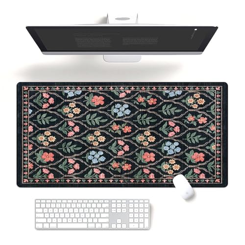 Fchen art Tastaturunterlage mit Blumenmuster und grünen Blättern, 40 x 80 cm, Büro-Computermatte mit genähten Kanten, schmutzabweisende, langlebige Oberfläche für Maus und Schreibtisch, Schwarz von Fchen art