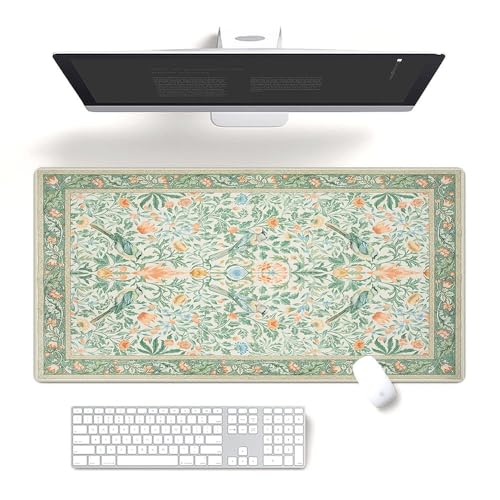 Fchen art William Morris Symmetrische Tastaturunterlage mit grünen Blättern und Papageien, 40 x 80 cm, Computermatte mit genähten Kanten, schmutzabweisend, langlebig, Schreibtischunterlage, Hellgrün von Fchen art