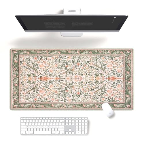 Fchen art William Morris Symmetrische Tastaturunterlage mit grünen Blättern und Papageien, 40 x 80 cm, Computermatte mit genähten Kanten, schmutzabweisend, langlebig, Schreibtischunterlage für von Fchen art