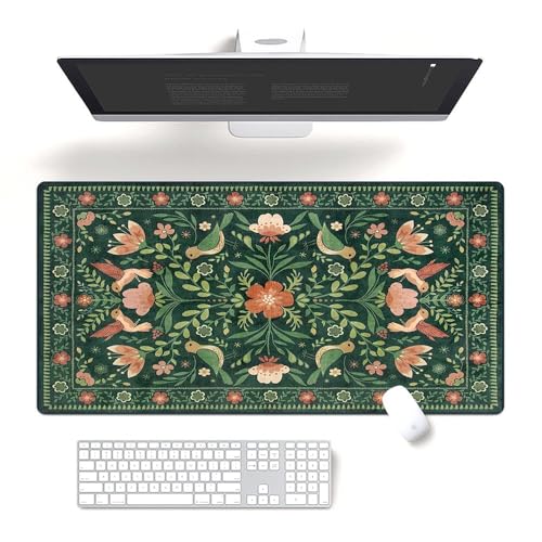 Fchen art William Morris Tastaturunterlage und Schreibtischunterlage im Stil von symmetrischem Blumenmuster und Vögeln, genähte Kanten, schmutzabweisende, langlebige Oberfläche mit rutschfester von Fchen art