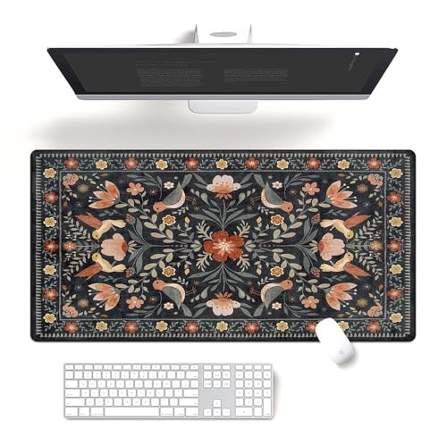 Fchen art William Morris Tastaturunterlage und Schreibtischunterlage im Stil von symmetrischem Blumenmuster und Vögeln, genähte Kanten, schmutzabweisende, langlebige Oberfläche mit rutschfester von Fchen art