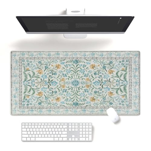 Mauspad mit Wildblumenwiese und Schmetterling, 40 x 80 cm, Saphirgrün, schmutzabweisend, Schreibtischunterlage mit genähten Kanten, Frühlingssommer-Natur-Design, langlebiges Bürozubehör von Fchen art