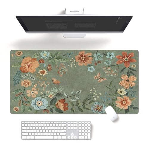 Mauspad und Tastatur-Pad-Set mit Blumenwiese, Wildblumen und Schmetterling, 40 x 80 cm, frisches Grün, schmutzabweisend, langlebig, Schreibtischunterlage mit genähten Kanten, Frühling, Sommer von Fchen art