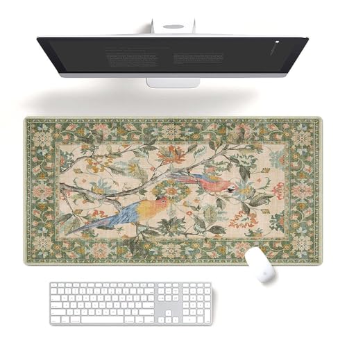 William Morris inspirierte botanische Tastaturunterlage und Schreibtischunterlage, Papagei und Vögel, grüne Blätter, schmutzabweisende, langlebige Oberfläche mit verstärkten genähten Kanten von Fchen art