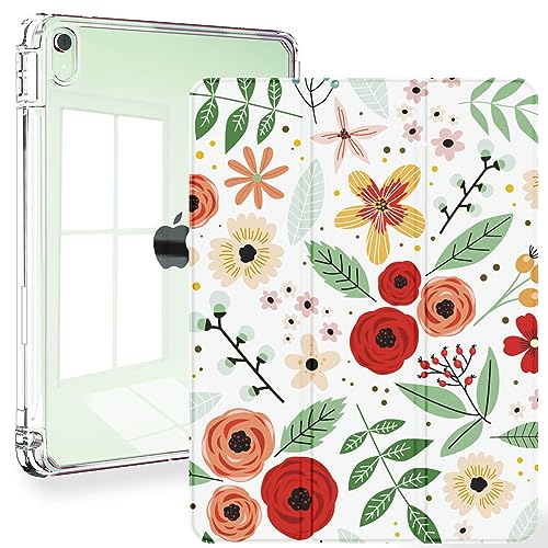 Feams Schutzhülle für iPad Air, 5. / 4. Generation, 27,7 cm (10,9 Zoll), transparente Rückseite, mit automatischer Sleep/Wake-Funktion und Stifthalter, bunte Blumen von Feams
