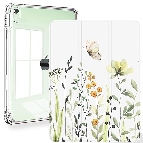 Feams Schutzhülle für iPad Air, 5. / 4. Generation, 27,7 cm (10,9 Zoll), transparente Rückseite mit automatischer Sleep/Wake-Funktion und Stifthalter, Blumen- und Schmetterling-Design von Feams