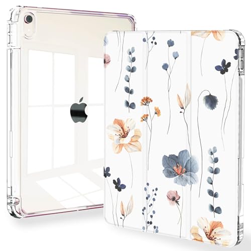 Feams Schutzhülle für iPad Air, 5. / 4. Generation, 27,7 cm (10,9 Zoll), transparente Rückseite mit automatischer Sleep/Wake-Funktion und Stifthalter, einfache Blumen von Feams