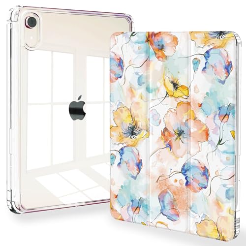 Feams Schutzhülle für iPad Mini 7 A17 Pro 2024, schmal, dreifach faltbar, iPad Mini A17 Pro, 2024, transparente Rückseite mit Stifthalter und automatischer Sleep-Funktion, Aquarell-Blume von Feams