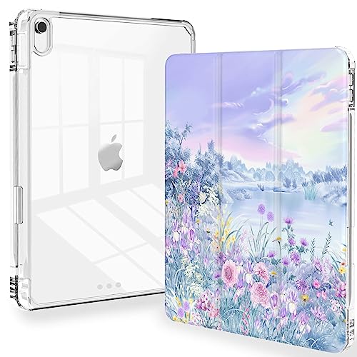 Feams Schutzhülle für iPad A16, 11. Generation ,11 Zoll, 2025, iPad 10. Generation, 10,9 Zoll, 2022, schlankes Case, transparente Rückseite, Stiftebehälter, automatischer Schlafmodus, lila Garten von Feams