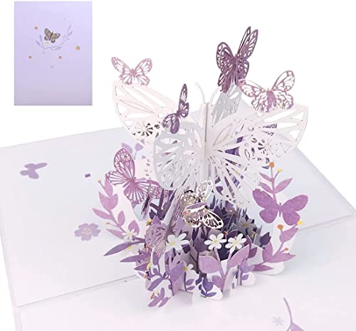3D Pop-Up Karte Schmetterlinge, Valentinstag Geburtstagskarte 3D Papier Schnitzen Geschenk Postkarte Blume mit Schmetterling Papierskulptur Geschenk Briefkarte (Violett) von Feaolala