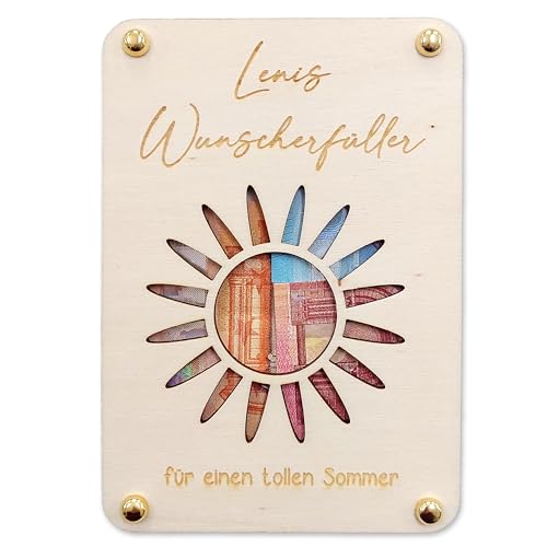 Feenstaub Geldgeschenk Schulschluss Wunscherfüller, personalisiertes Geldkuvert, Geldverpackung Holz, Verpackung für Geldgeschenke zum Abitur, Schulabschluss, Geld verpacken, Glückwunsch Karte Sonne von Feenstaub